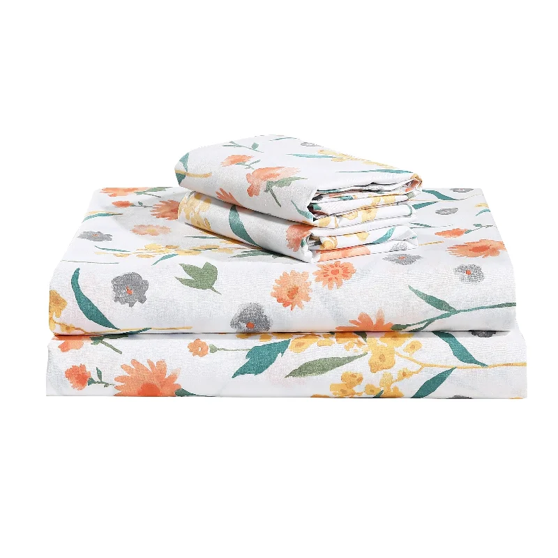 Wrinkle - Free Polyester Sheets for a Low - Maintenance BedEstella Orange White Floral 100% Cotton Sheet set with pillowcase