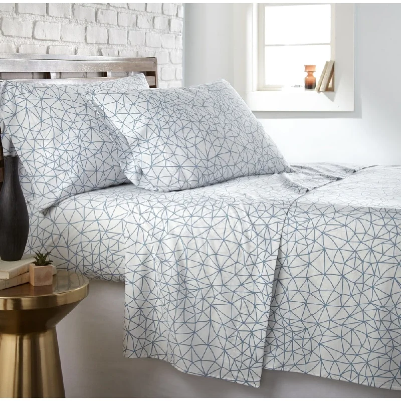 white with light blue geometric print