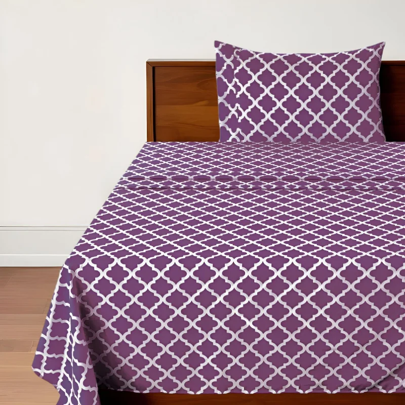 Polyester - Cotton Blend Sheets for Durability and ComfortThree Piece Purple and White Quatrefoil Microfiber Twin XL Sheet Set
