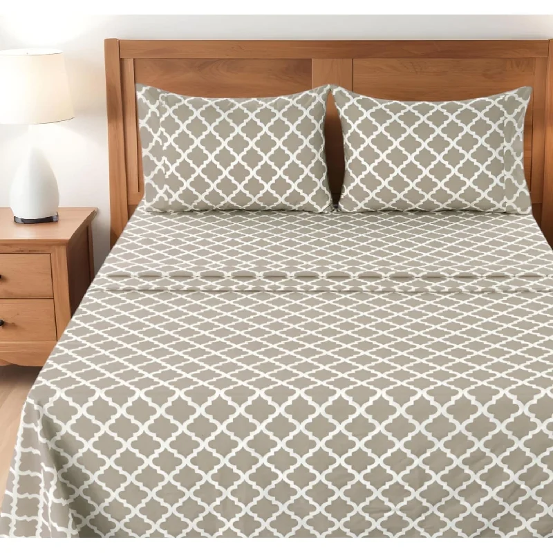 Rayon - Cotton Sheets for a Breathable and Soft BlendFour Piece Beige and White Quatrefoil Microfiber Full Double Sheet Set