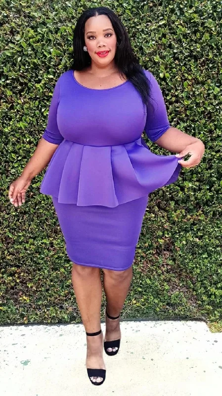 Plus Size Women Round Neck Short Sleeves Peplum Knee Dress