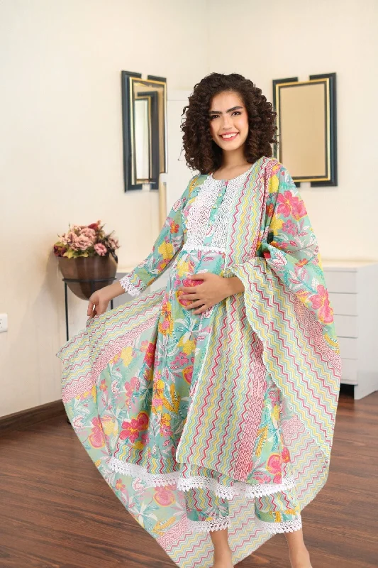 Aqua Green Maternity & Nursing Kurta + Bump Band Bottom + Dupatta (3 Pc) (100% Cotton)