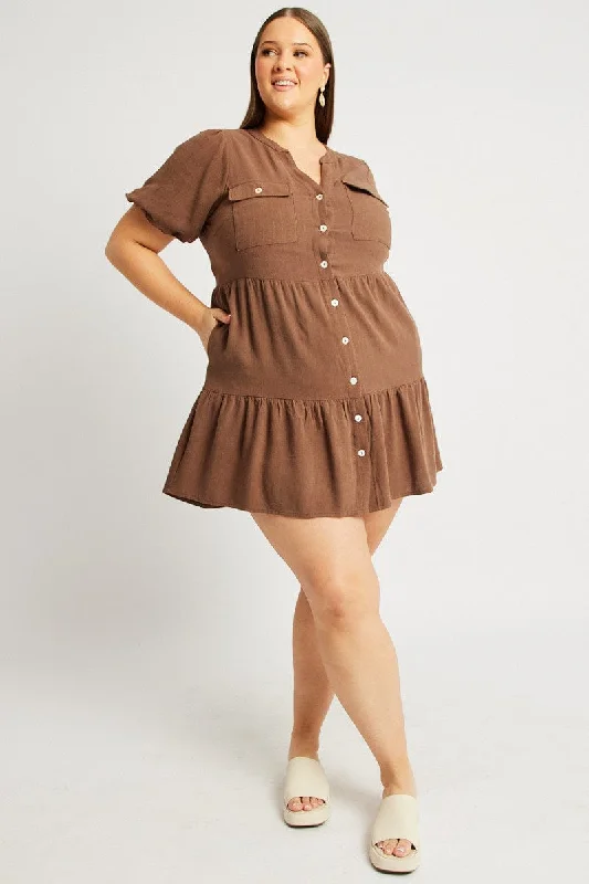 Brown Button Through Mini Dress Nehru Collar Linen Blend