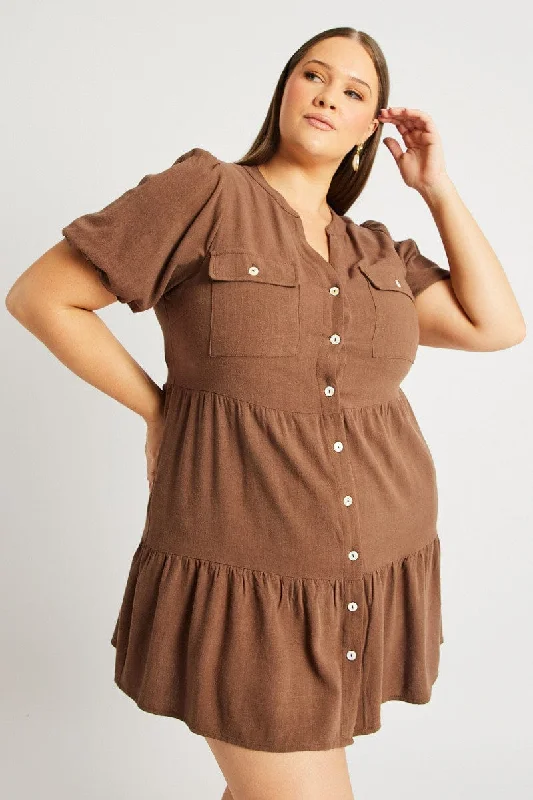 Brown Button Through Mini Dress Nehru Collar Linen Blend