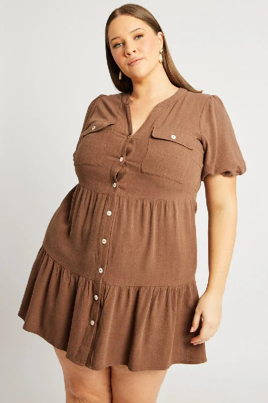 Brown Button Through Mini Dress Nehru Collar Linen Blend