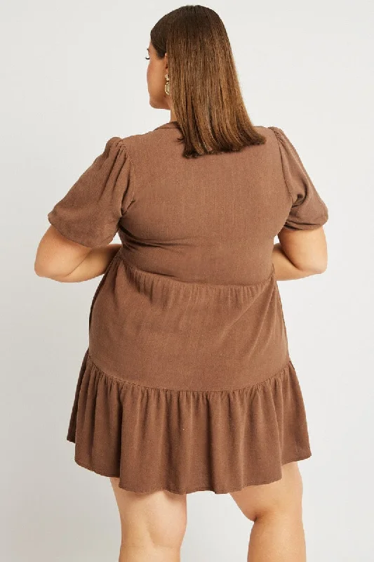 Brown Button Through Mini Dress Nehru Collar Linen Blend