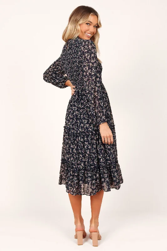 Edwina Shirred Frill Long Sleeve Midi Dress - Navy Floral