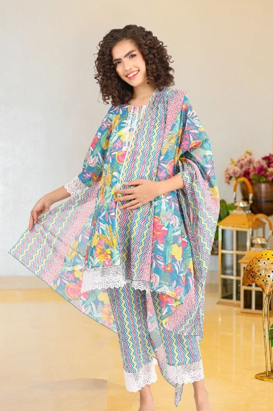 Jade Blue Maternity & Nursing Kurta + Bump Band Bottom + Dupatta (3 Pc)