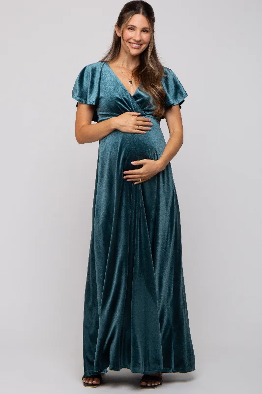 Teal Velvet Maternity Maxi Dress