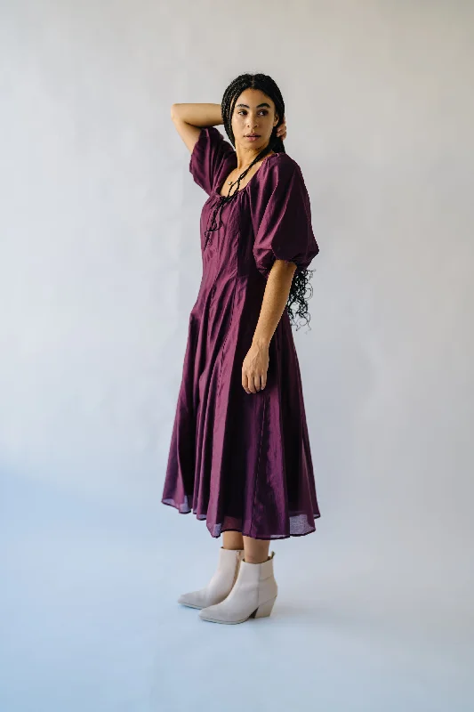 The Gustafson Bubble Sleeve Midi Dress in Plum