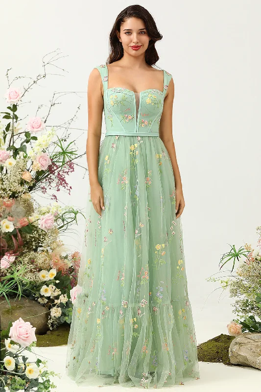 Gorgeous A-Line Square Neck Green Long Prom Dress with Embroidery