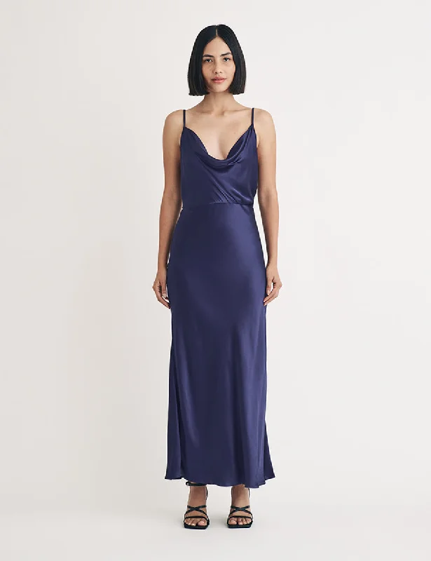 Purple Satin Cowl Neck Bridesmaid Trixie Midi Dress