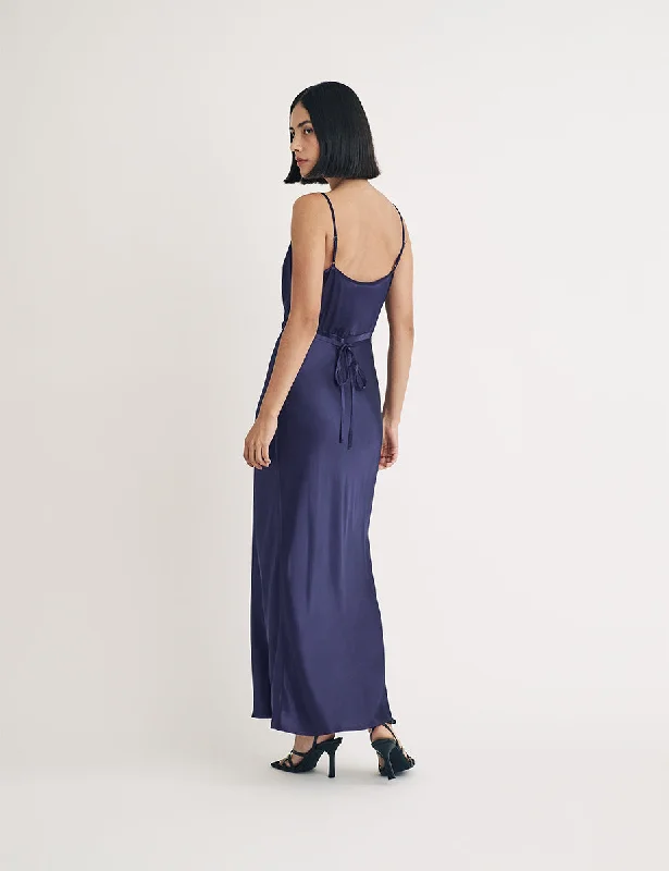 Purple Satin Cowl Neck Bridesmaid Trixie Midi Dress