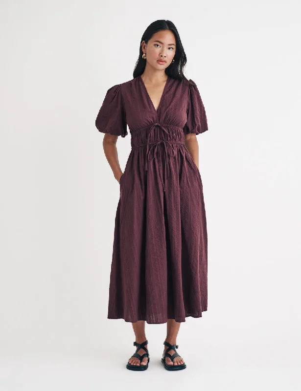 Brown Puff Sleeve Scottie Midi Dress