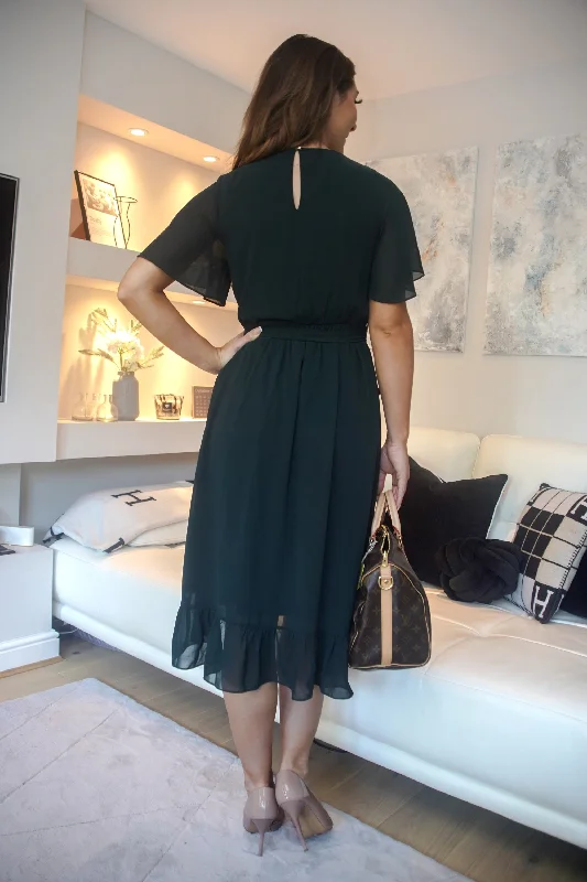 Double Second Green Chiffon Wrap Dress With Tea Sleeve