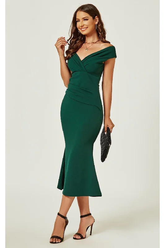 FS Collection Bardot Pleated Midi Dress In Dark Green