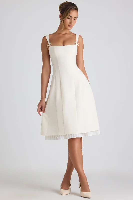 Bow-Detail Pleated A-Line Midi Dress in Ivory