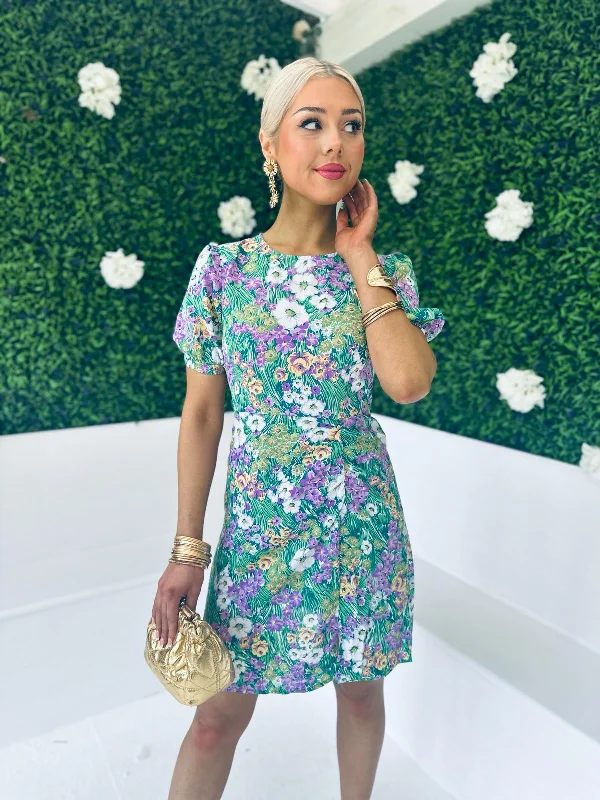 Luna Floral Mini Skater Dress Green