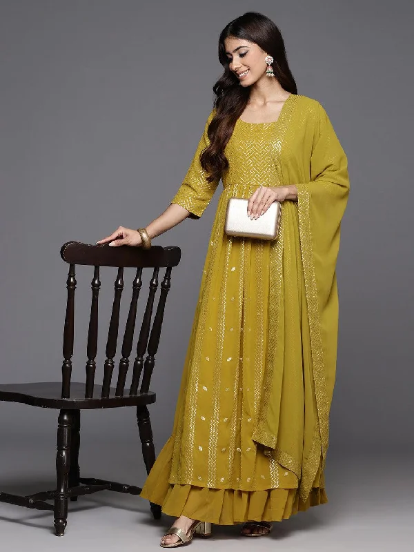 Mustard Embroidered Georgette A-Line Kurta With Palazzos & Dupatta