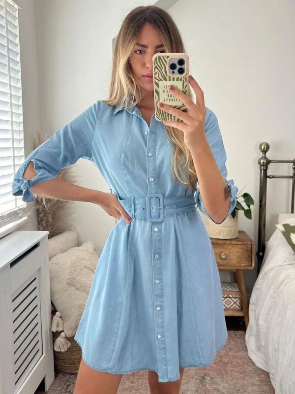 Olivia Mini Belted Shirt Dress / Chambray