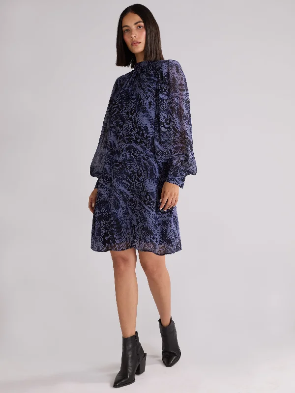 Petite Navy Snake Print High Neck Dress