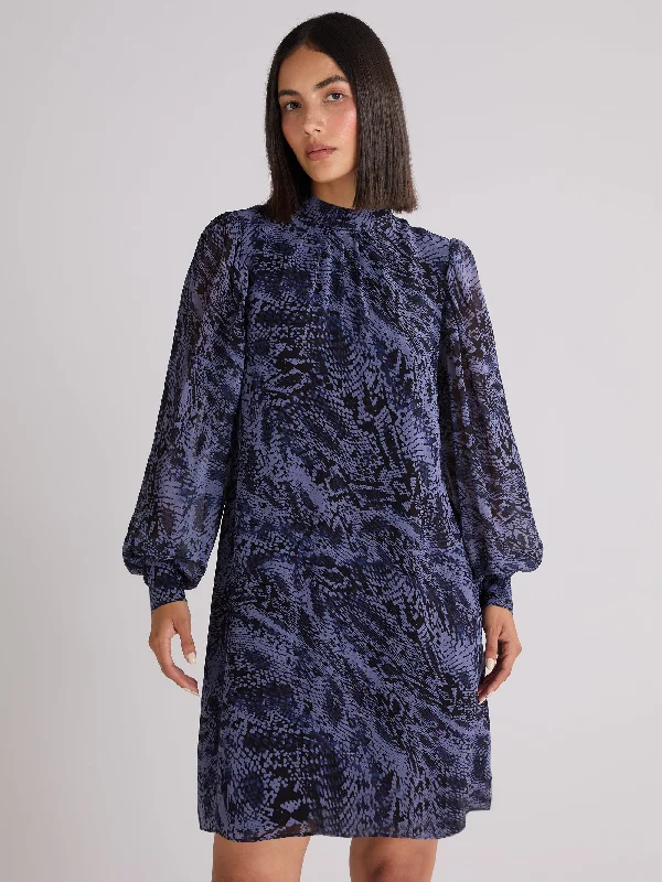 Petite Navy Snake Print High Neck Dress