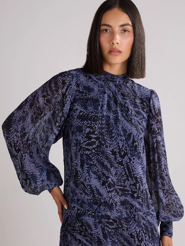 Petite Navy Snake Print High Neck Dress