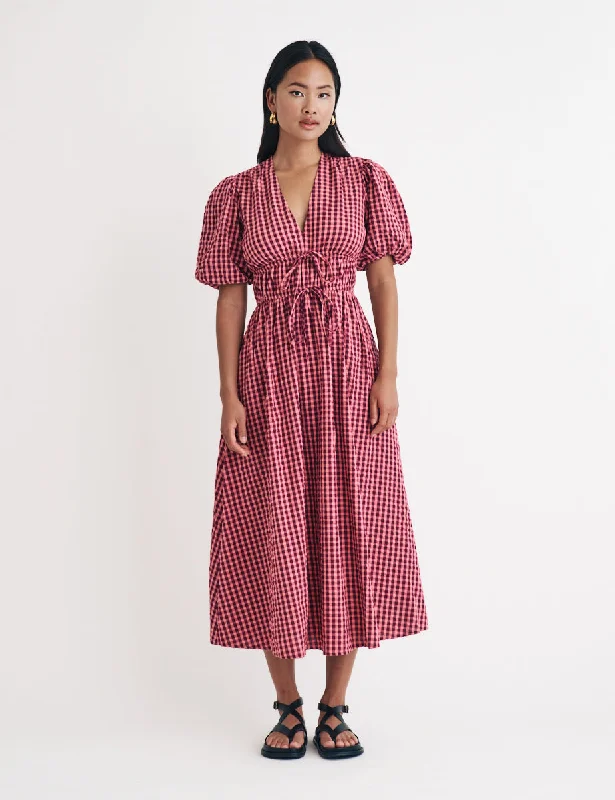 Pink Puff Sleeve Gingham Scottie Midi Dress