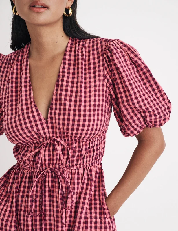 Pink Puff Sleeve Gingham Scottie Midi Dress