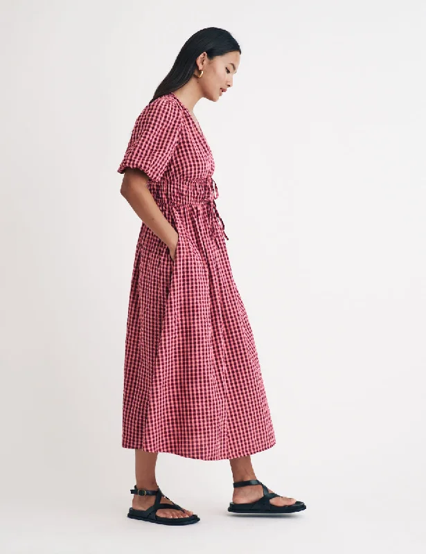 Pink Puff Sleeve Gingham Scottie Midi Dress