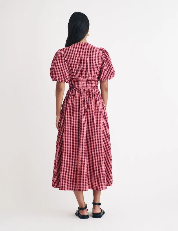 Pink Puff Sleeve Gingham Scottie Midi Dress