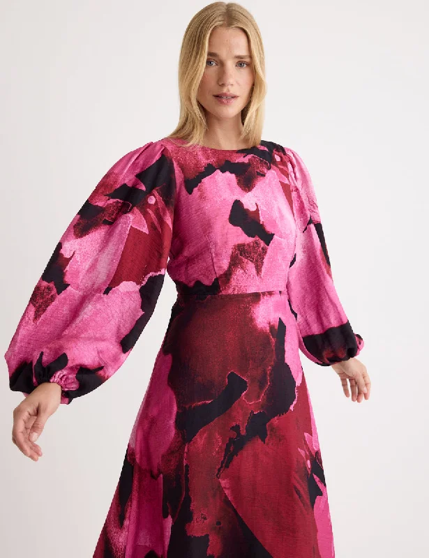 Pink Watercolour Floral Zora Midi Dress