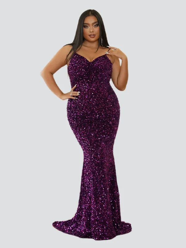 Plus Spaghetti Sequin Evening Dress PXJ1646