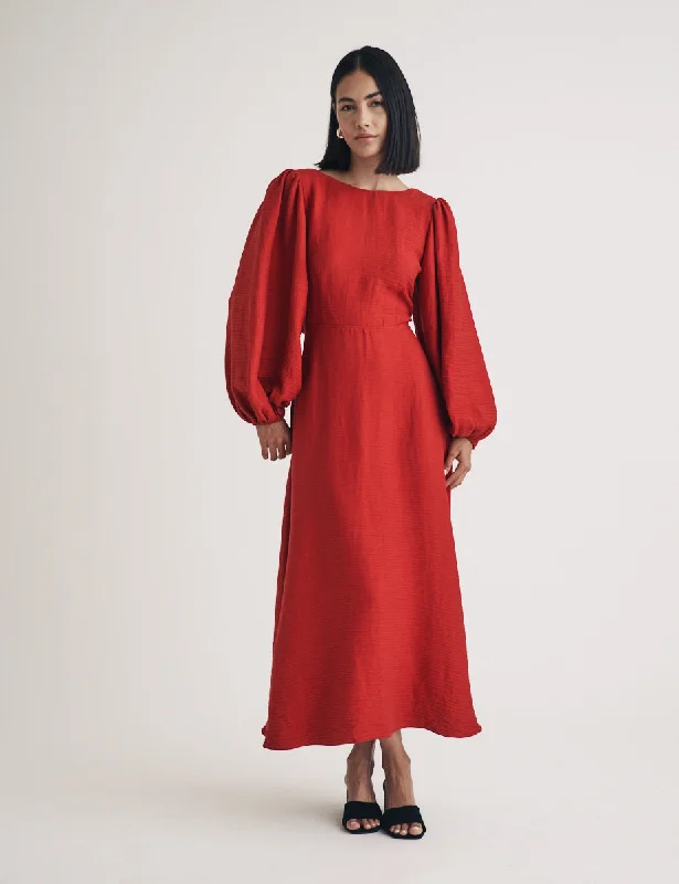 Red Puff Sleeve Zola Midi Dress