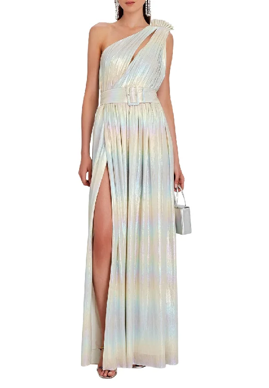 Iridescent Andrea Belted One-Shoulder Gown